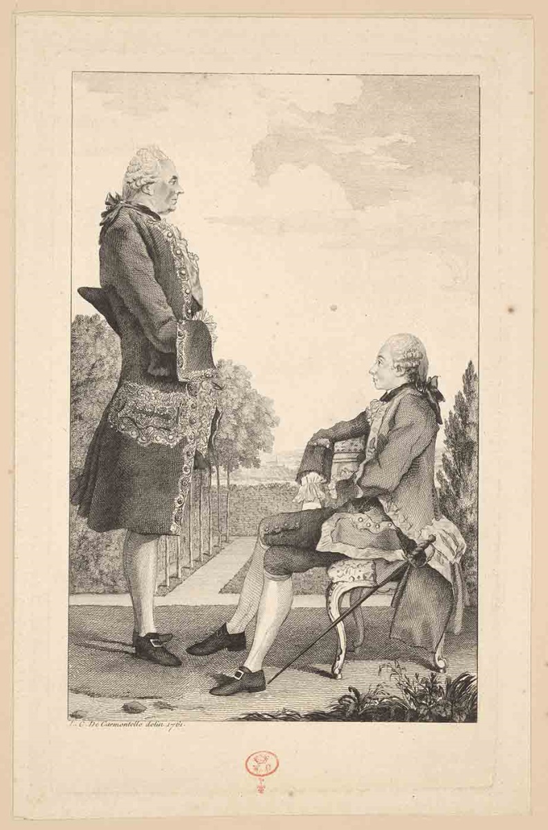 [double portrait du chevalier de Montbarrey et du comte d’Entragues] ; Recueil de 27 gravures par ou d’après CARMONTELLE en taille-douce rassemblées dans un portefeuille en maroquin rouge estampée à chaud et à froid d’un décor de roulettes, aux armes des Orléans ; étiquette collée au contre-plat supérieur : Ex-libris A. Bérard n° 276.