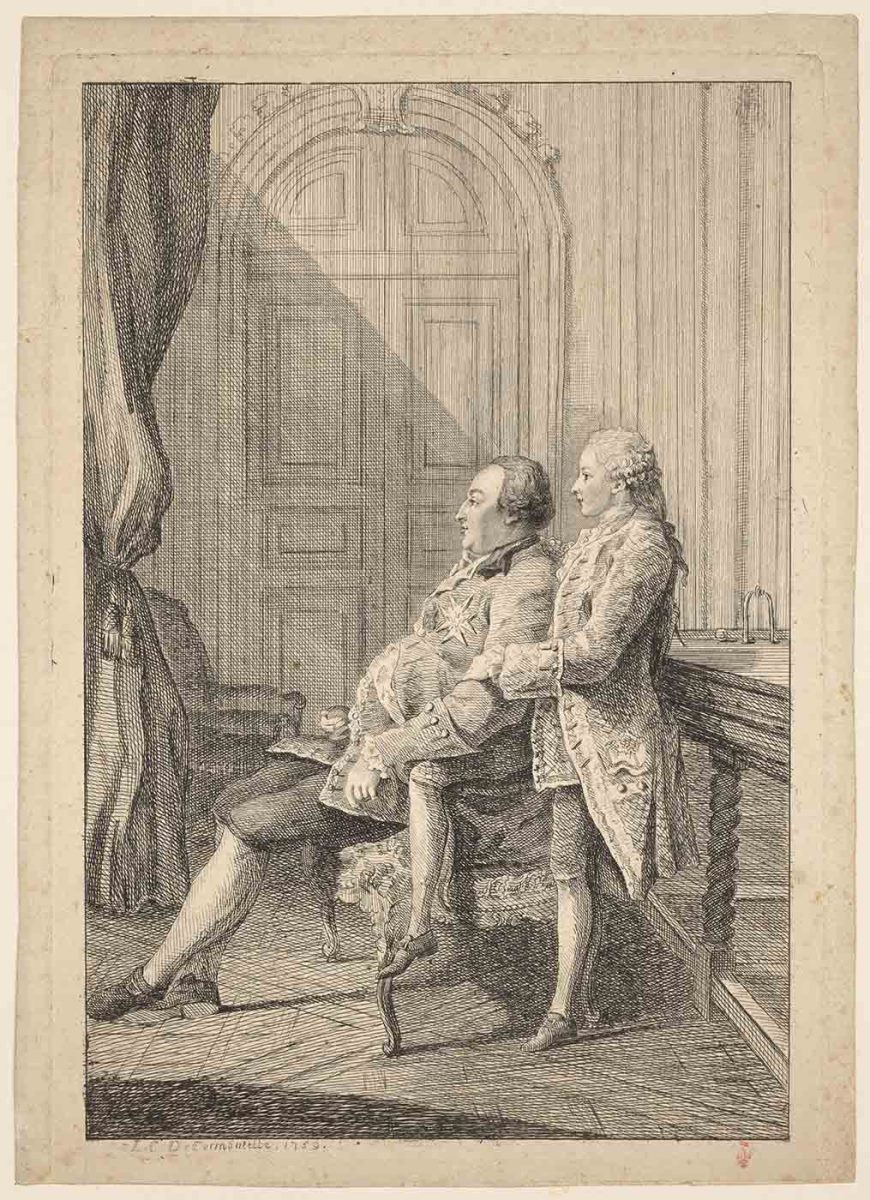 [double portrait de Louis-Philippe, duc d’Orléans, assis, et de son fils, le duc de Chartres] ; Recueil de 27 gravures par ou d’après CARMONTELLE en taille-douce rassemblées dans un portefeuille en maroquin rouge estampée à chaud et à froid d’un décor de roulettes, aux armes des Orléans ; étiquette collée au contre-plat supérieur : Ex-libris A. Bérard n° 276.