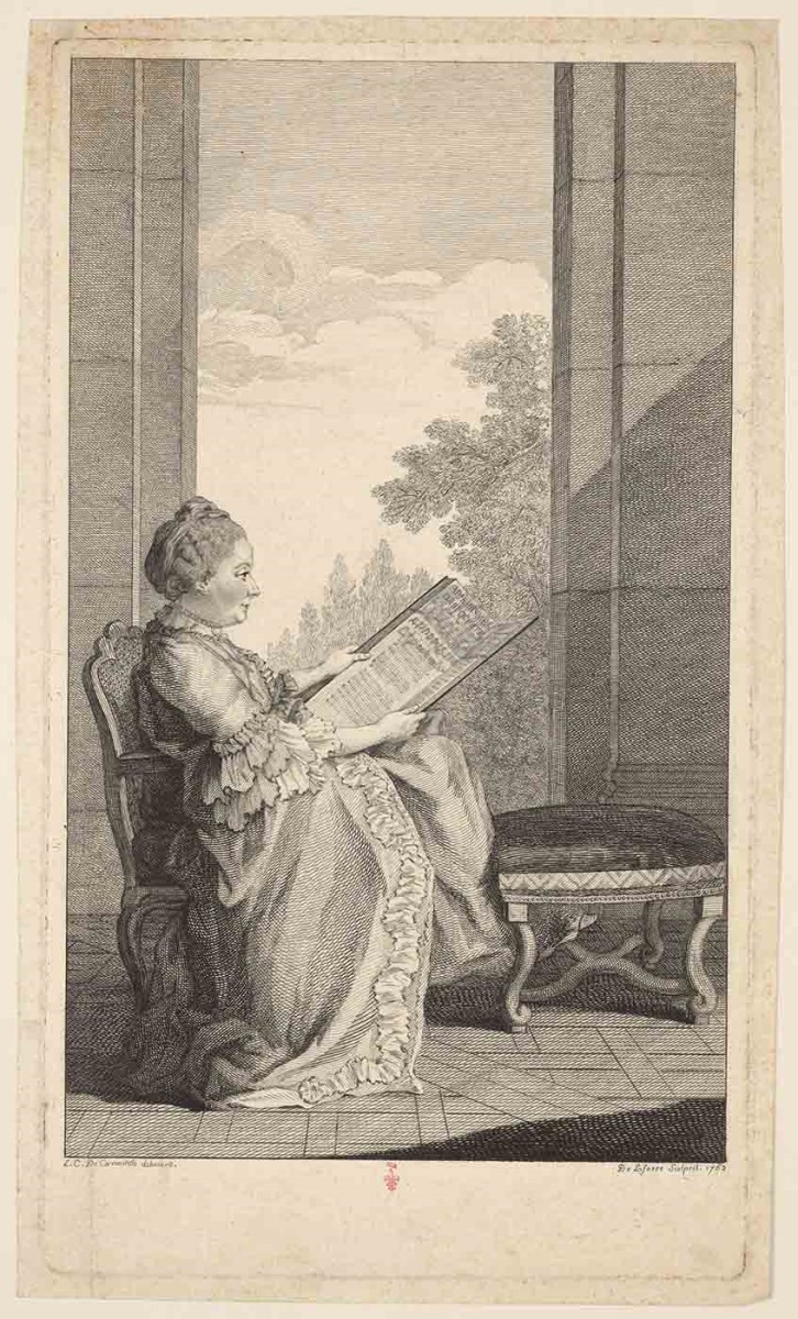 [portrait de la marquise de Voisenon] ; Recueil de 27 gravures par ou d’après CARMONTELLE en taille-douce rassemblées dans un portefeuille en maroquin rouge estampée à chaud et à froid d’un décor de roulettes, aux armes des Orléans ; étiquette collée au contre-plat supérieur : Ex-libris A. Bérard n° 276.