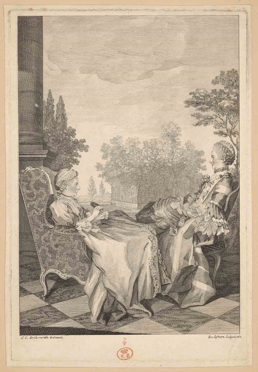 [Portrait de Hélène Moreau de Séchelles et de Marie-Marguerite Magon de La Lande] ; Recueil de 27 gravures par ou d’après CARMONTELLE en taille-douce rassemblées dans un portefeuille en maroquin rouge estampée à chaud et à froid d’un décor de roulettes, aux armes des Orléans ; étiquette collée au contre-plat supérieur : Ex-libris A. Bérard n° 276.