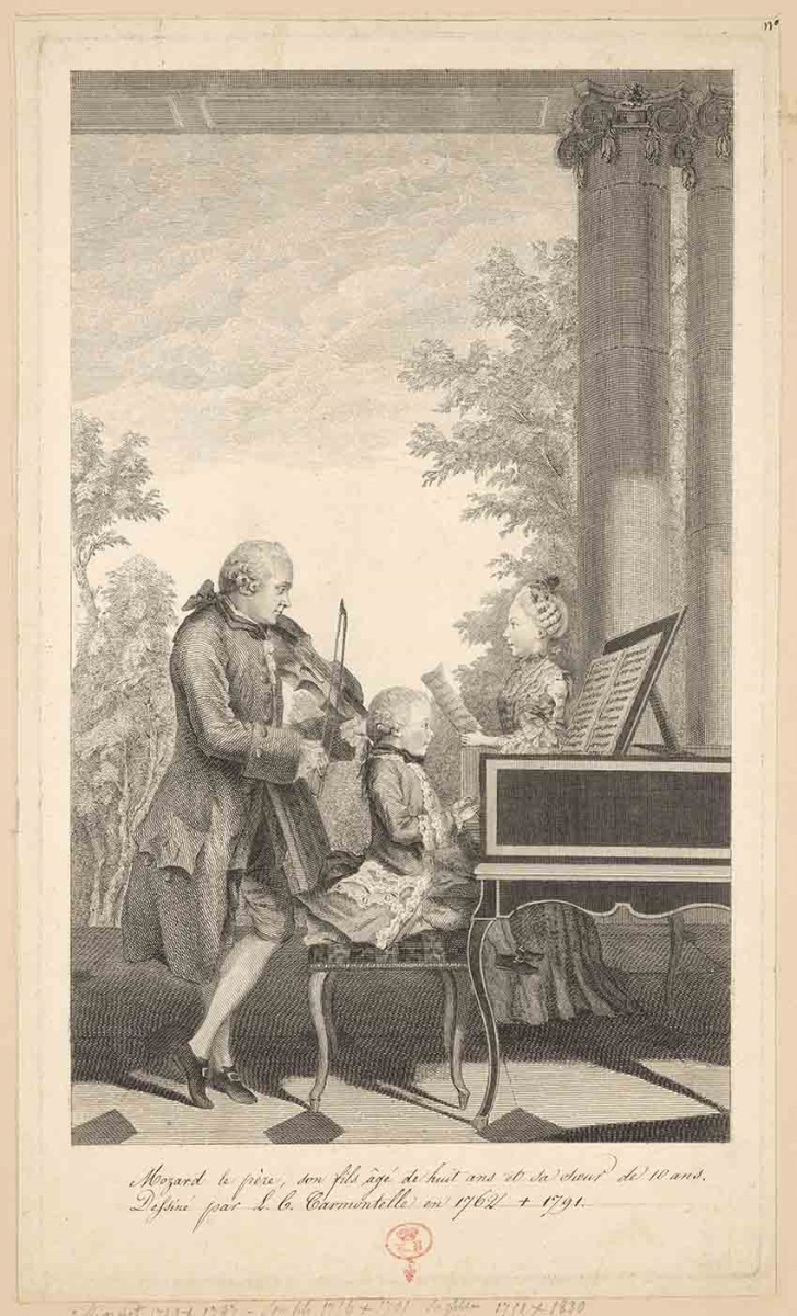 [portrait de Mozart enfant avec son père et sa soeur] ; Recueil de 27 gravures par ou d’après CARMONTELLE en taille-douce rassemblées dans un portefeuille en maroquin rouge estampée à chaud et à froid d’un décor de roulettes, aux armes des Orléans ; étiquette collée au contre-plat supérieur : Ex-libris A. Bérard n° 276.