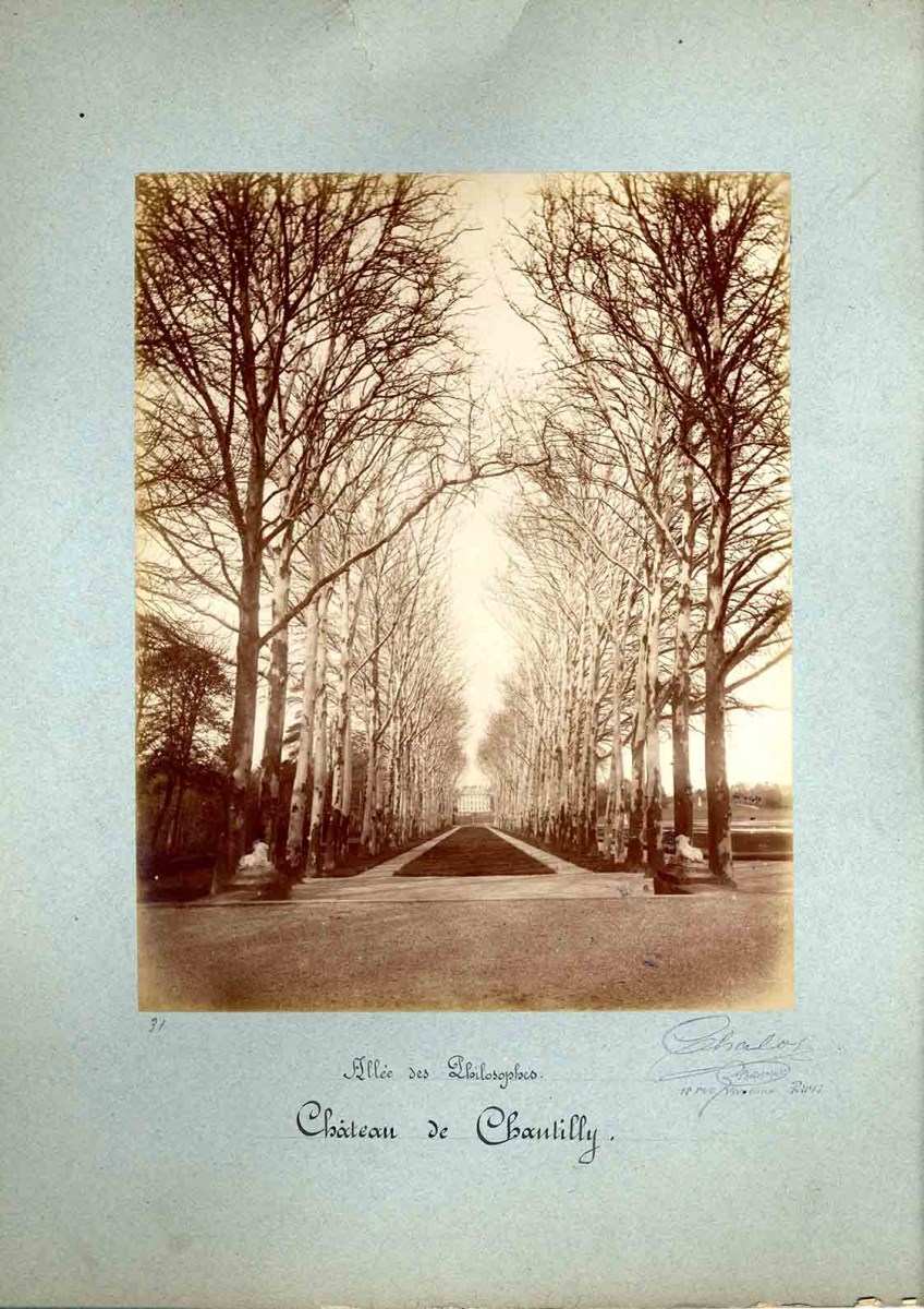 L’allée des Philosophes dans le parc du château de Chantilly avec au fond la maison Saint-Pierre