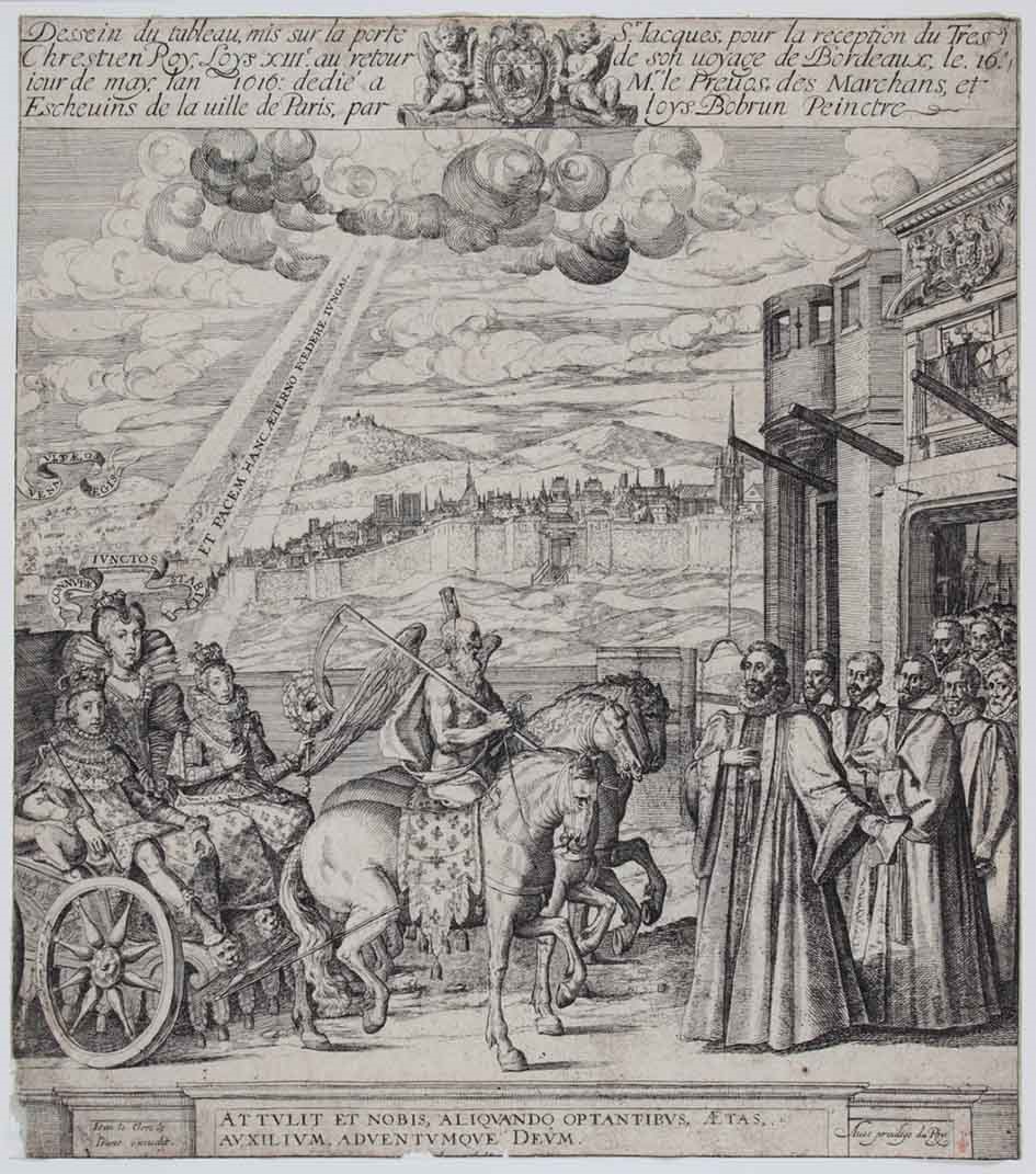 Dessein du tableau mis sur la porte St Jacques pour la réception du Tres / Chrestien Roy Loys XIIIe au retour de son voyage de Bordeaux