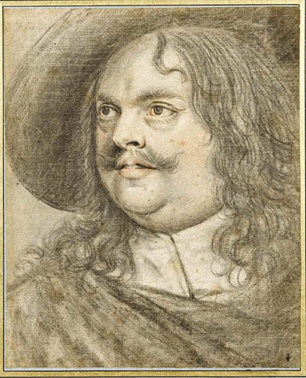 Portrait d’un gros homme tourné à gauche, coiffé d’un chapeau, les yeux en l’air