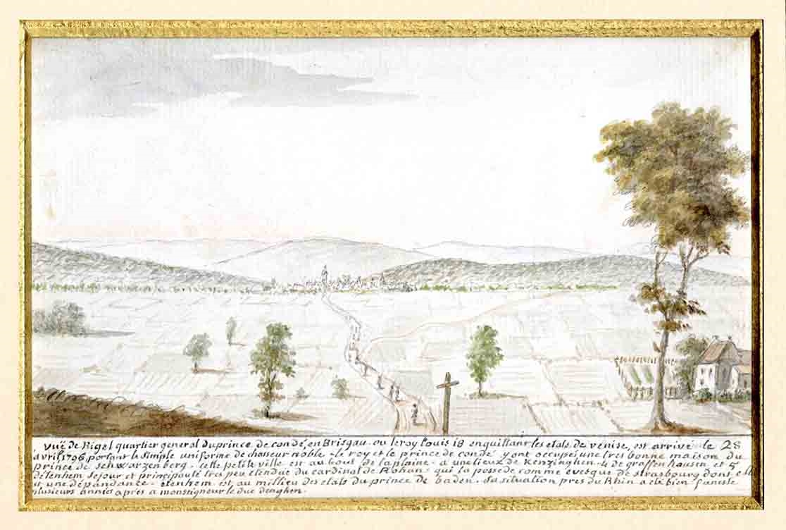 Souvenirs d'un officier de l'armée de Condé : Vue de Rigel quartier du Prince de Condé, en Brisgau où le Roi Louis XVIII est le 28 avril 1796