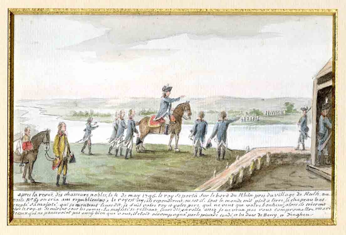 Souvenir d'un officier de l'armée de Condé : Le Roi, sur les bords du Rhin près du village de Ruhl, contemple les avant postes républicains