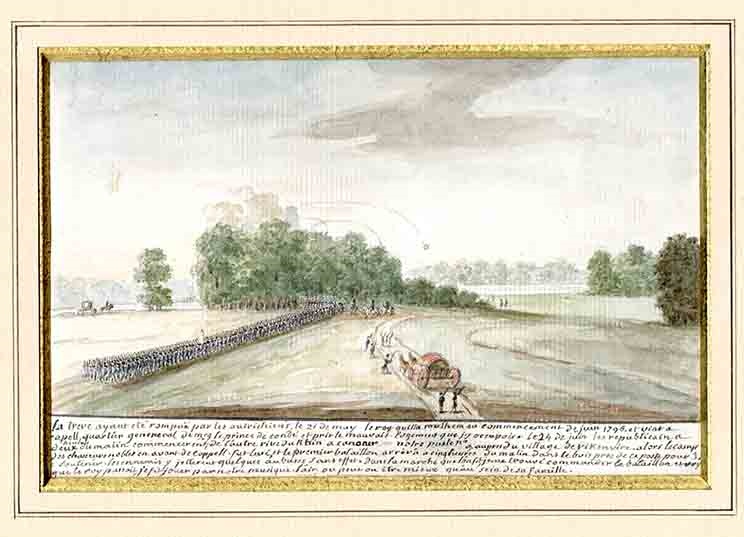 Souvenir d'un officier de l'armée de Condé : Départ du Roi de Manhem après la fin de la trêve ; Souvenir d'un officier de l'armée de Condé : Vue du village de Vill, près du Rhin, où l’auteur était chargé de surveiller les postes le long du Rhin