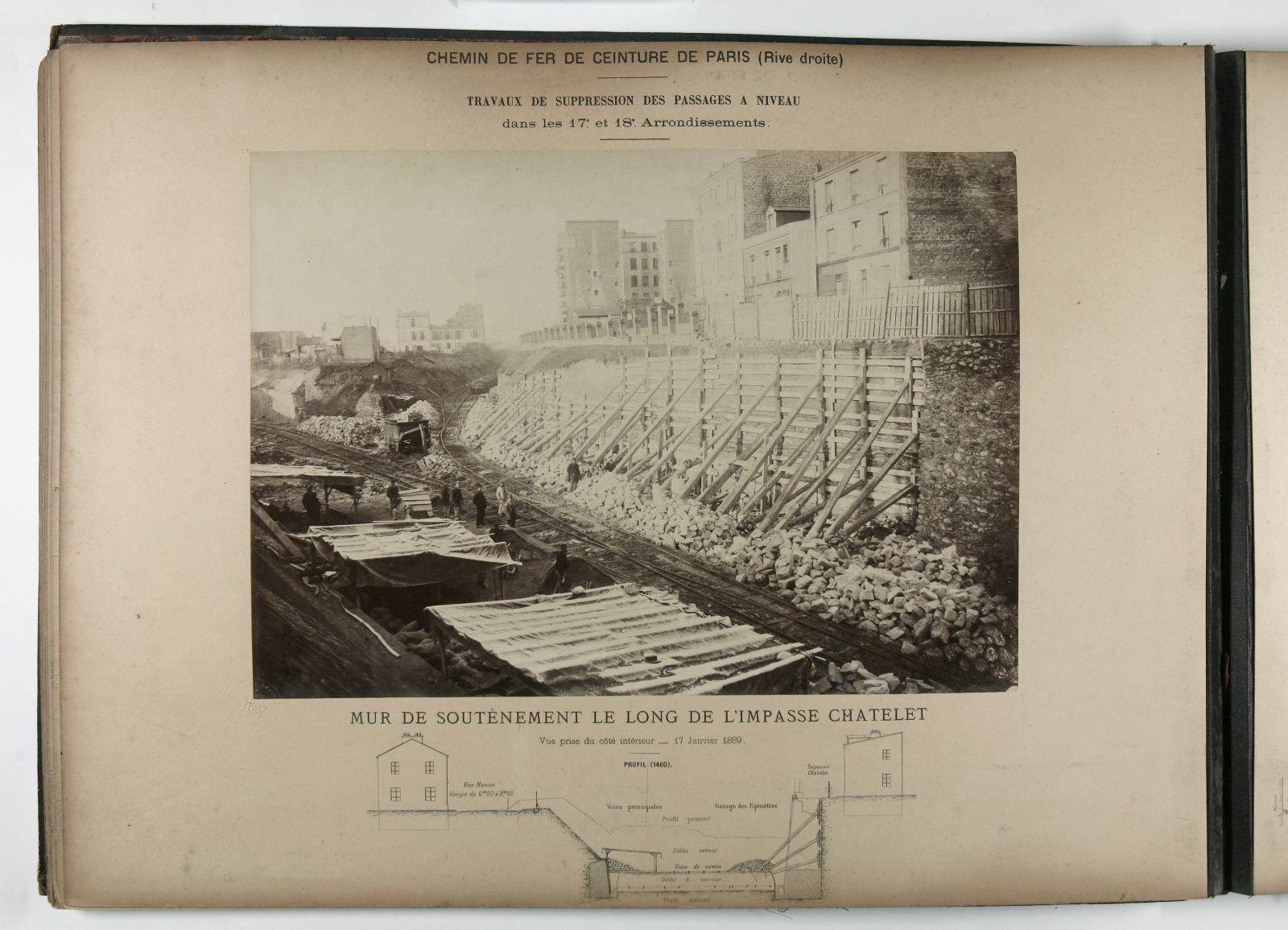 Syndicat du chemin de fer de ceinture de Paris. Suppression des passages à niveau dans le 17ème et 18ème arrondissement. Mur de soutènement le long de l'impasse Chatelet.