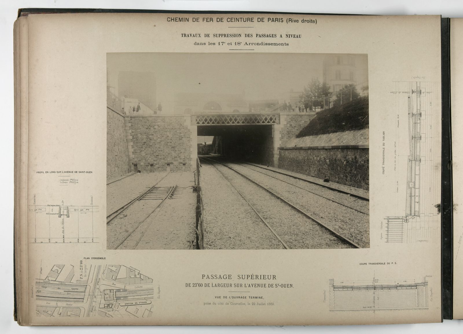 Syndicat du chemin de fer de ceinture de Paris. Suppression des passages à niveau dans le 17ème et 18ème arrondissement. Passage supérieur de 23 mètres 60 de largeur  sur l'Avenue St-Ouen