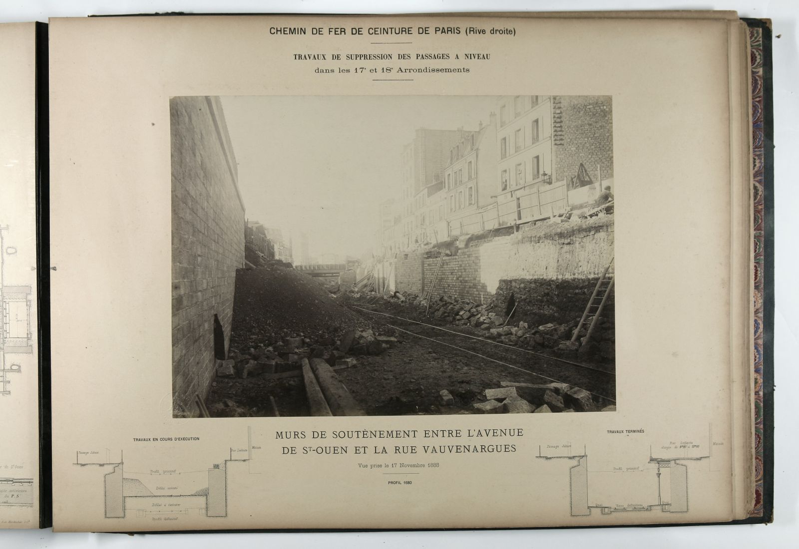 Syndicat du chemin de fer de ceinture de Paris. Suppression des passages à niveau dans le 17ème et 18ème arrondissement. Murs de soutènement entre l'Avenue de St-Ouen et la rue Vauvenargues.