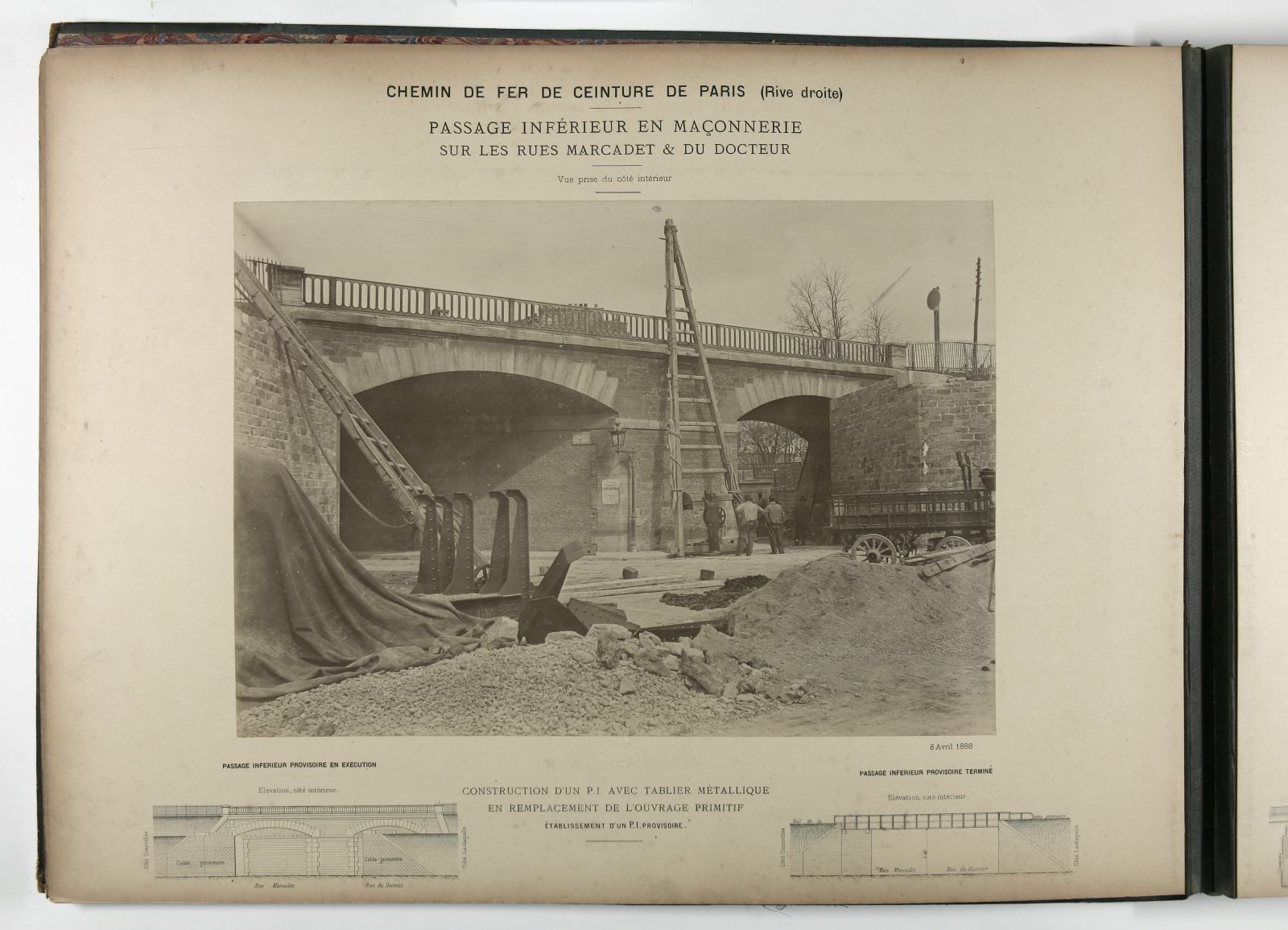 Chemin de fer de ceinture de Paris. Passage inférieur en maçonnerie sur les rues Marcadet et du Docteur. Vue prise du côté intérieur.