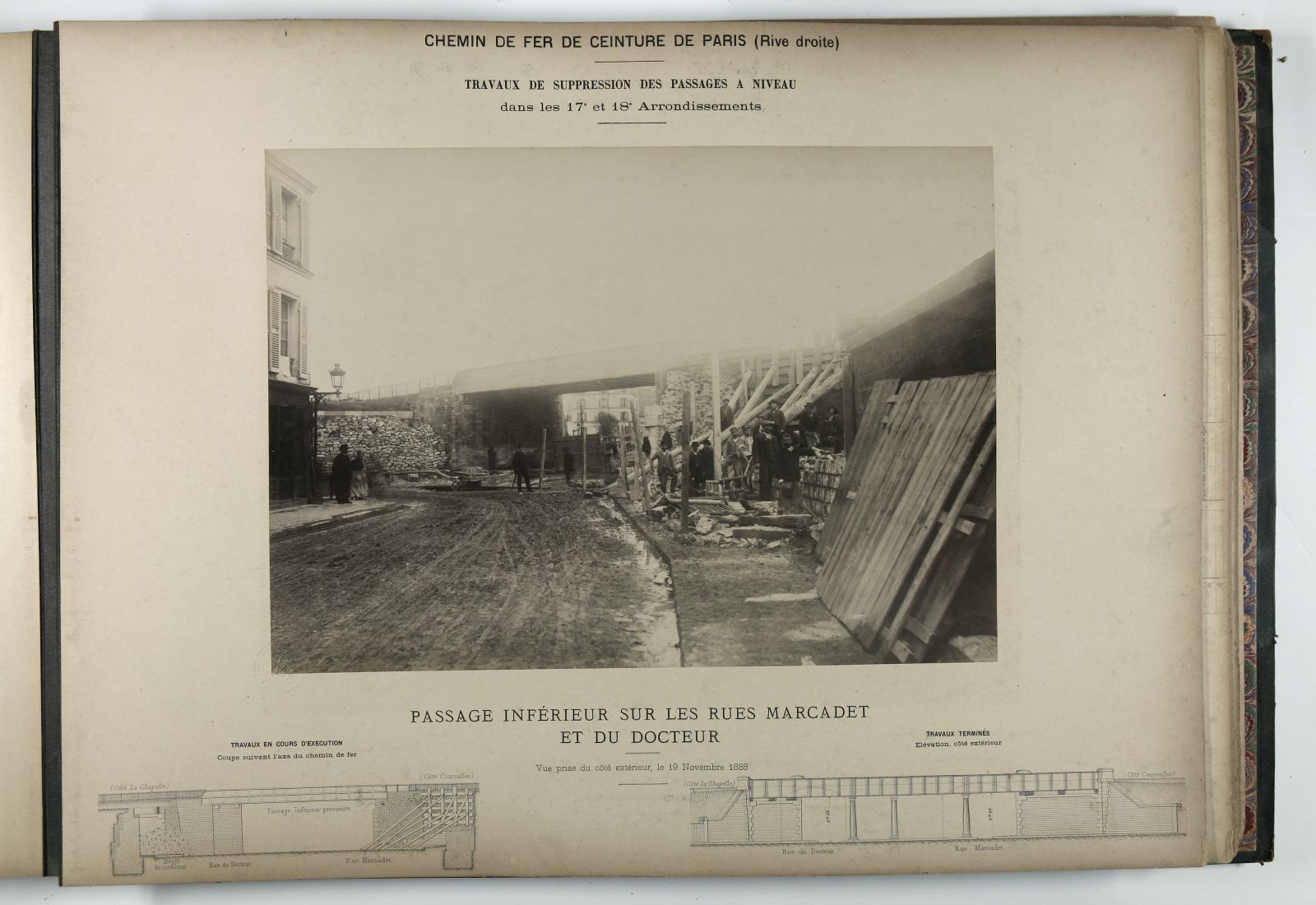 Syndicat du chemin de fer de ceinture de Paris. Suppression des passages à niveau dans le 17ème et 18ème arrondissement. Passage inférieur sur les rues Marcadet et du Docteur. Vue extérieure.