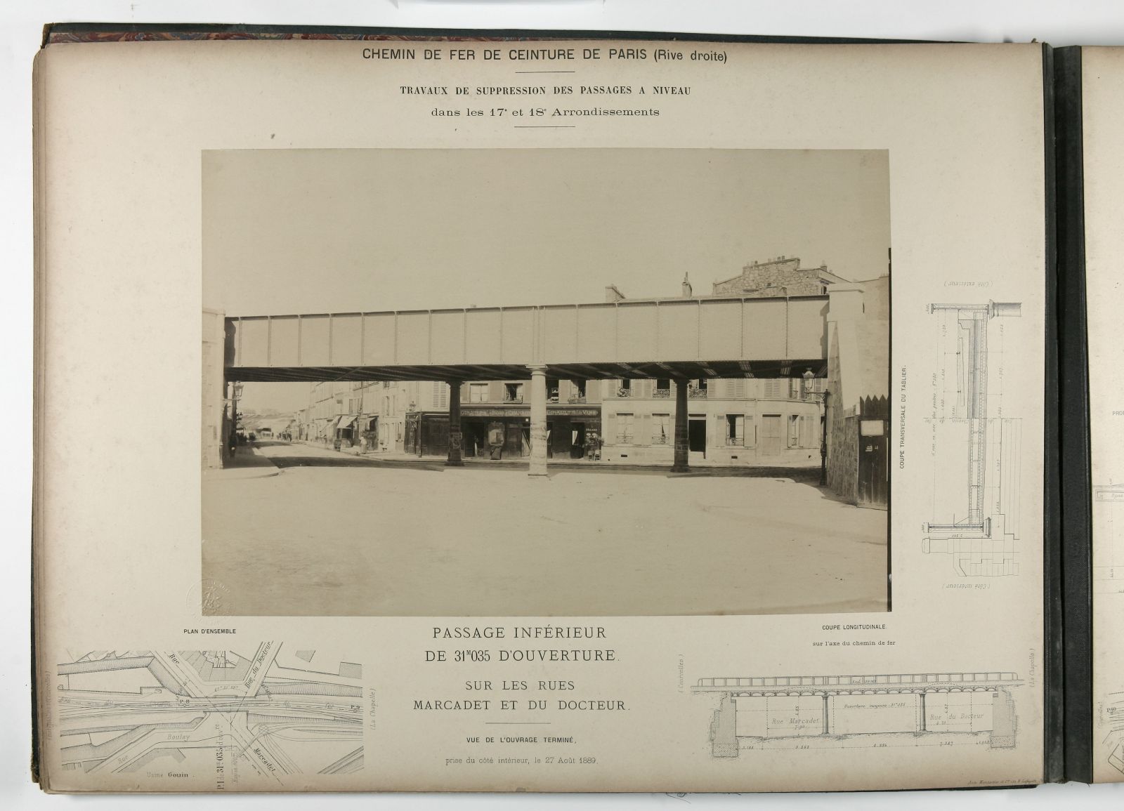 Syndicat du chemin de fer de ceinture de Paris. Suppression des passages à niveau dans le 17ème et 18ème arrondissement. Passage inférieur de 35 mètres 35 d'ouverture sur les rues Marcadet et du Docteur