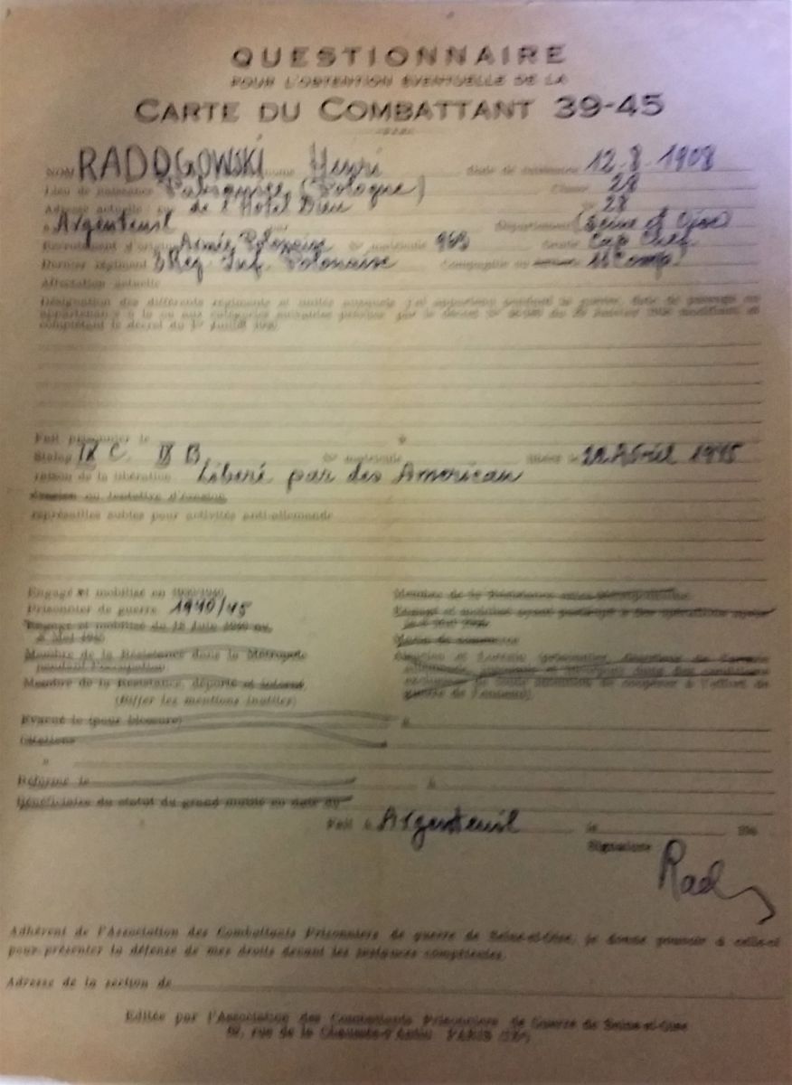 Questionnaire pour l'attribution de la carte du combattant d'Henri Radogowski
