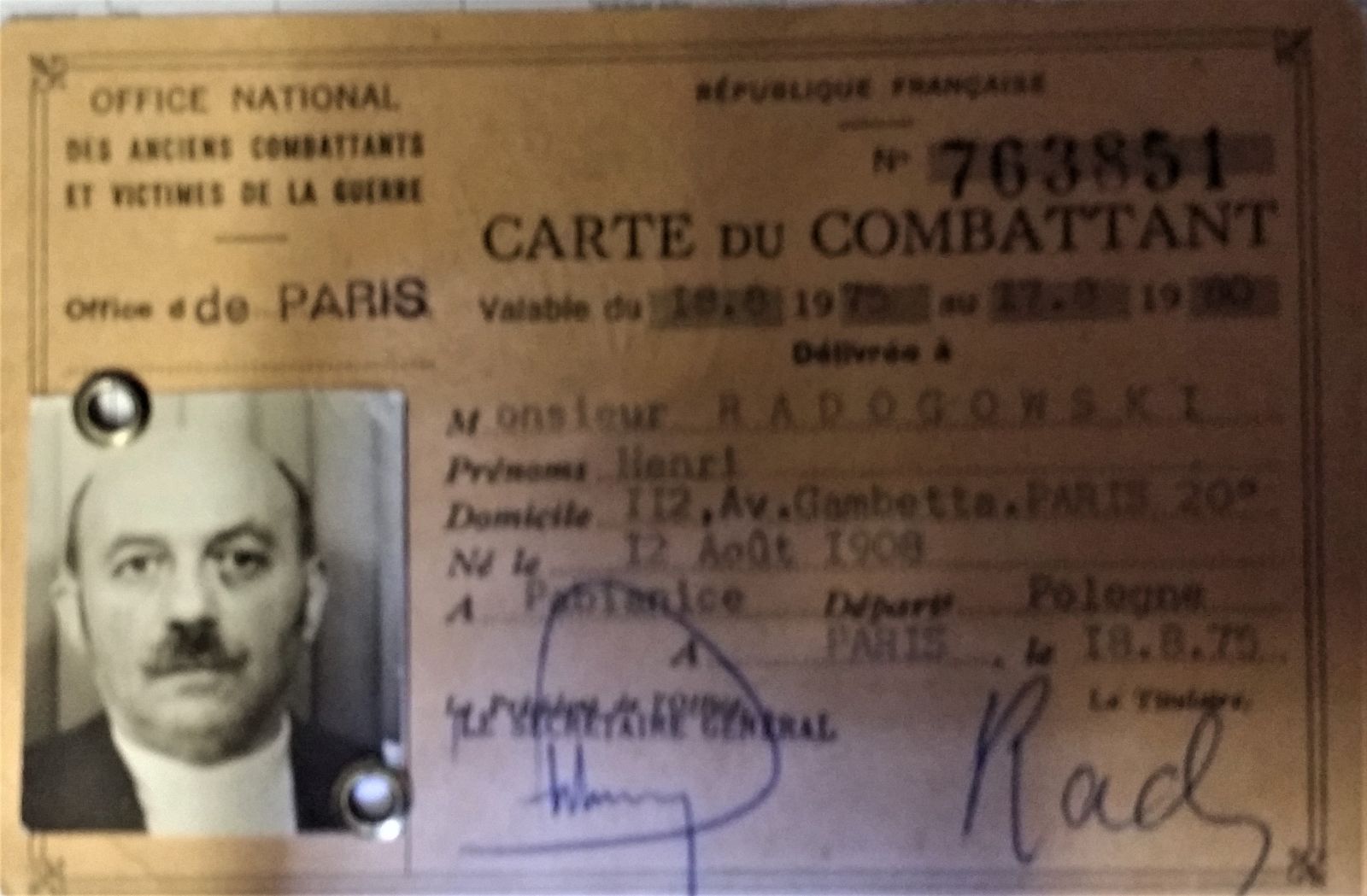 Carte du combattant d'Henri Radogowski
