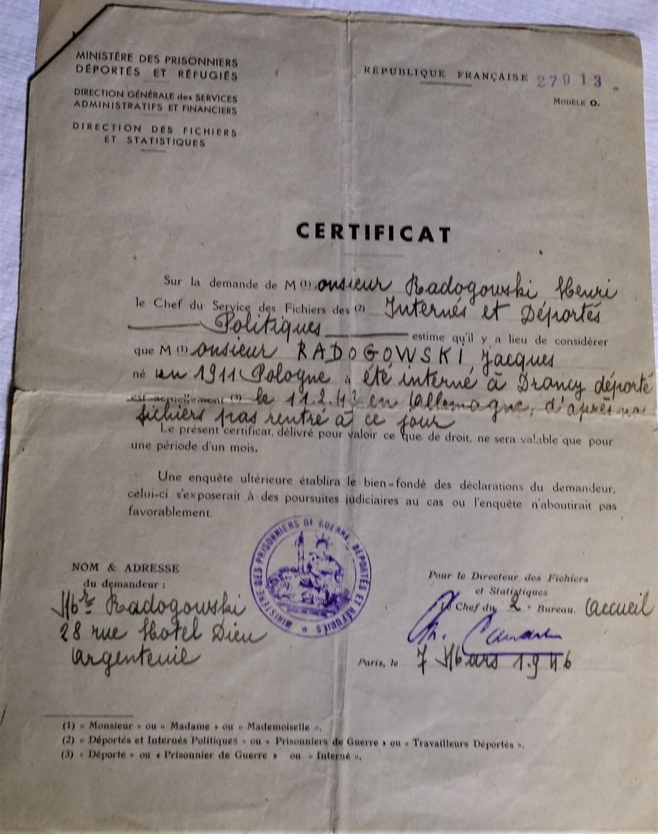 Certificat de déportation de Jacques Radogowski