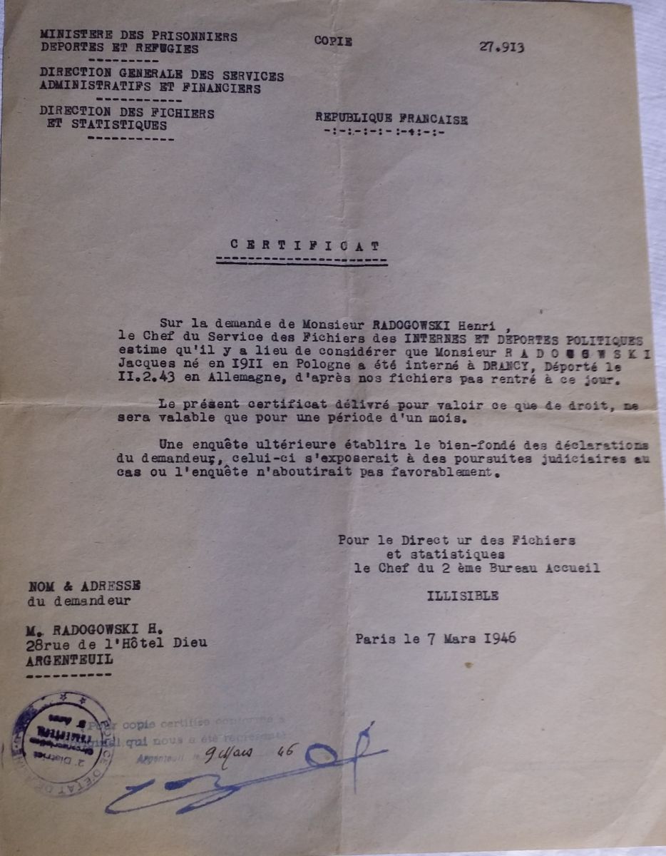 Copie du certificat de déportation d'Henri Radogowski