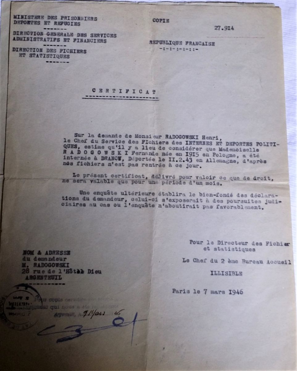 Copie du certificat de déportation de Fernande Radogowski