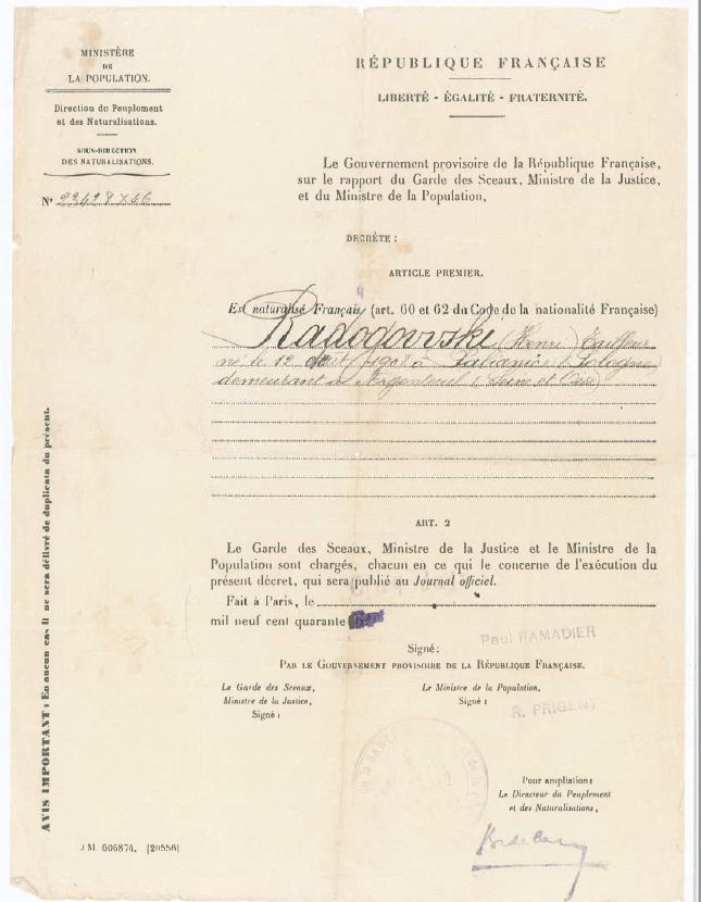 Décret de naturalisation d'Henri Radogowski