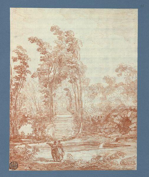 Arbres, source et promeneurs en forêt