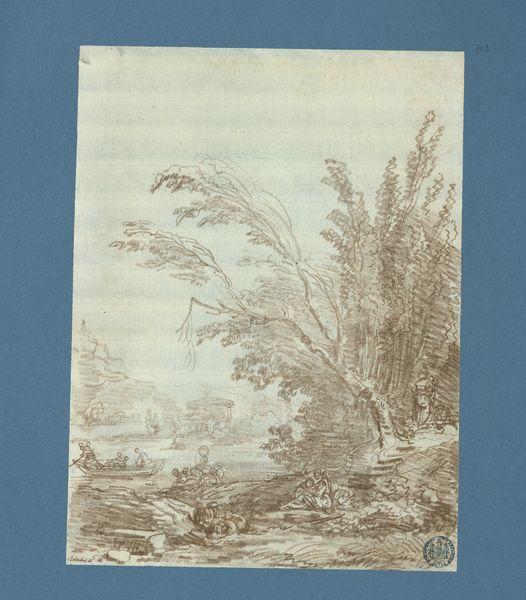 Bois, rivière et petit temple, avec des flâneurs