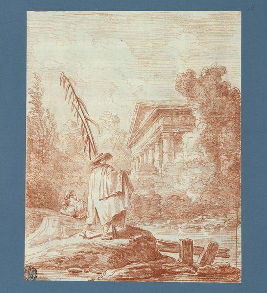 Famille (composée du père, de la mère et de l'enfant) au bord d'une rivière que surplombe un temple émergeant de bosquets