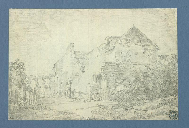 Bâtisse, avec deux personnages devant un puits