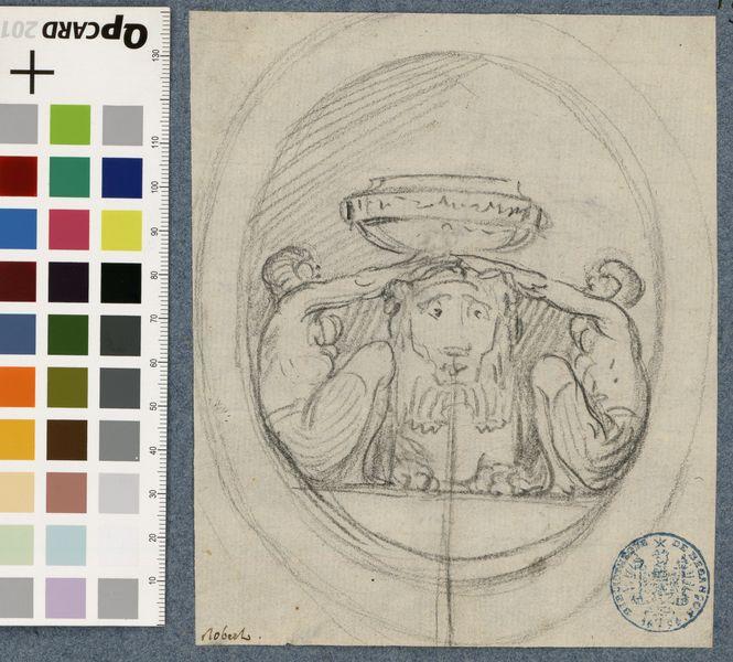 Composition pour une fontaine : au centre, un lion sur la tête duquel repose une vasque, deux personnages assis de chaque côté du lion rejoignent leurs mains sous cette vasque