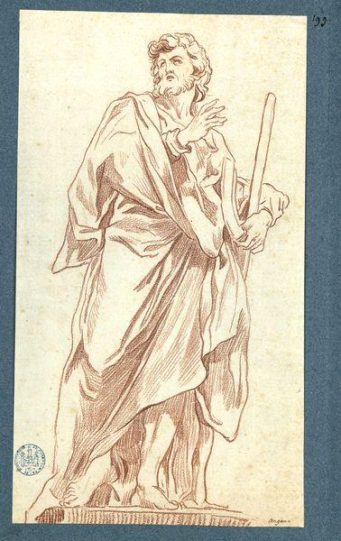 Apôtre dont le bras gauche entoure un bâton (saint Matthieu ?). Statue en pied