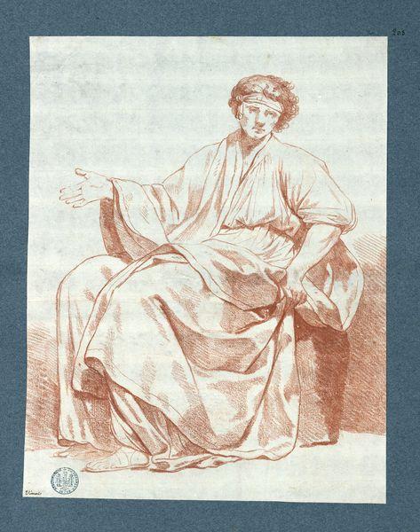 Personnage assis : la main droite ouverte et levée, la main gauche reposant sur le bord du siège, le front ceint d'un bandeau noué à gauche assis de trois quarts à gauche, le visage tourné de face