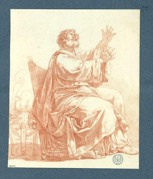 Personnage assis : les deux mains sont levées à des hauteurs différentes, visage entouré d'une barbe et d'une chevelure frisées assis de profil, le visage tourné vers le ciel à droite. Derrière le siège : brasero fumant de forme antique