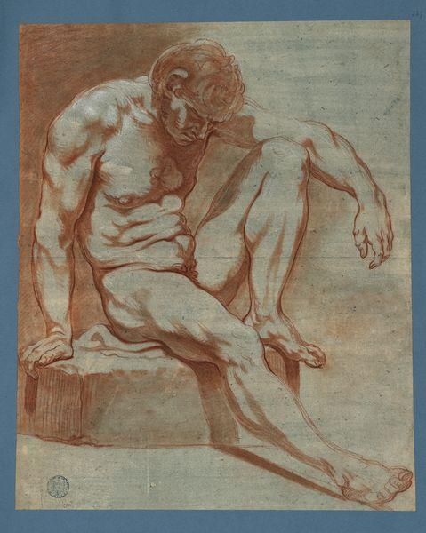 Etude de nu, assis, de trois-quarts avant droit, jambe gauche pliée, regardant à terre