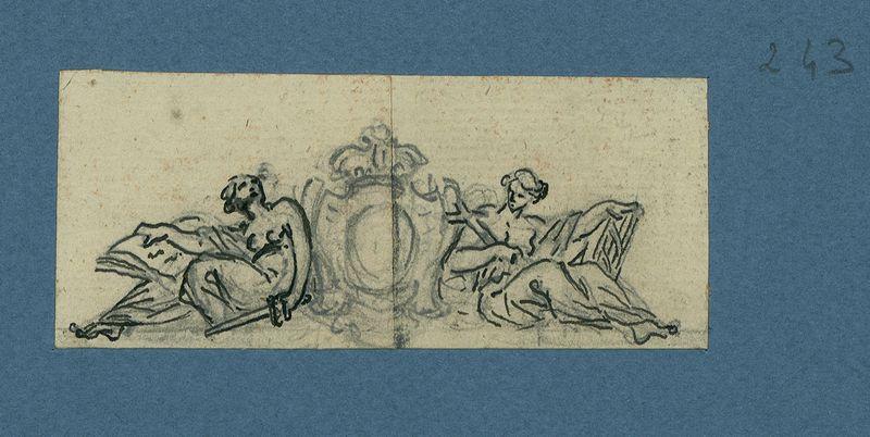 Composition décorative : femmes appuyées de chaque côté d'un blason décoré. Elles portent différents attributs : livre et épée, croix et lyre (?)