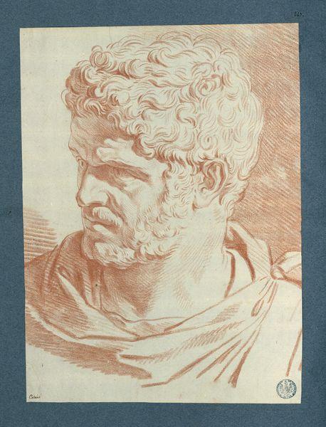 Tête d'homme, de trois quarts avant, regardant vers la gauche. Chevelure et barbe frisées, regard intense