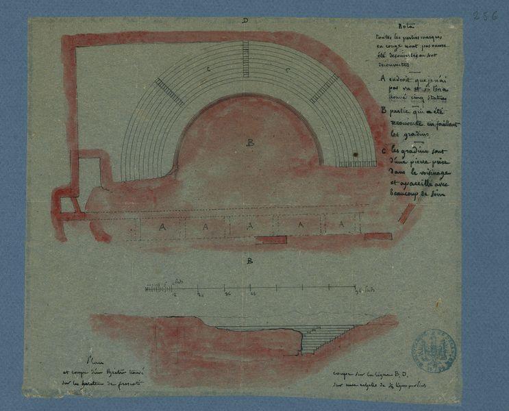 Plan et coupe d'un théâtre trouvé sur les hauteurs de Frascati
