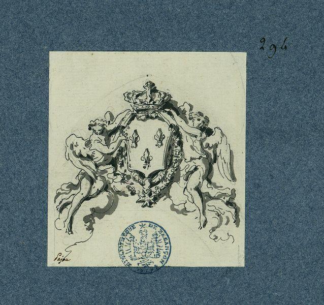 Blason royal entouré de deux figures allégoriques
