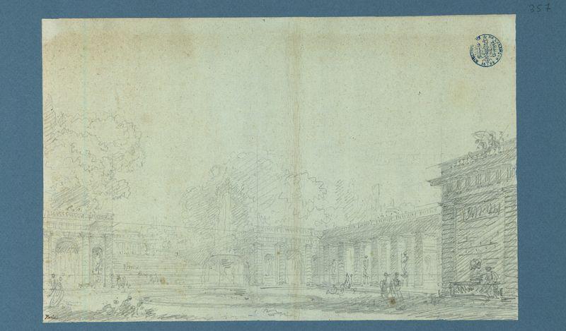 Fontaine et escaliers dans les jardins d'une villa ou d'un palais