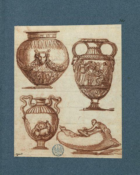 Trois vases antiques décorés de scènes diverses. En bas à droite : homme exerçant une activité indéterminée ?