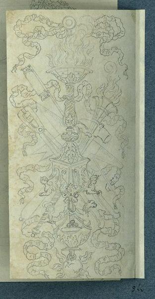 Composition décorative sur le thème du feu : au centre un chandelier, se croisant derrière une fusée et un flambeau, des pinces, un marteau et une enclume de forgeron rubans