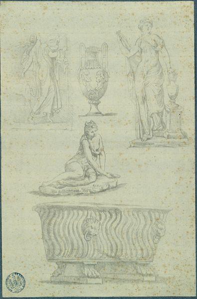 Sujets antiques : Ménade au chevreau, vase à panse feuillue, Vénus au coffret, Vénus à la coquille, vasque sigillée (sarcophage)