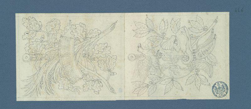 A Versailles, en marbre, dans le bosquet des Dames : trophées guerriers : une couronne et un casque