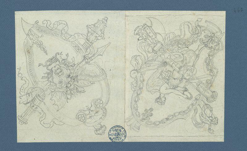 A Versailles, en marbre, dans le bosquet des Dames : trophées guerriers : deux boucliers