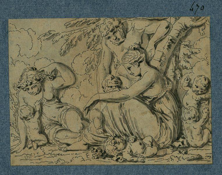Trois personnages (mythologiques ?) : un homme et deux femmes avec des enfants nus jouant