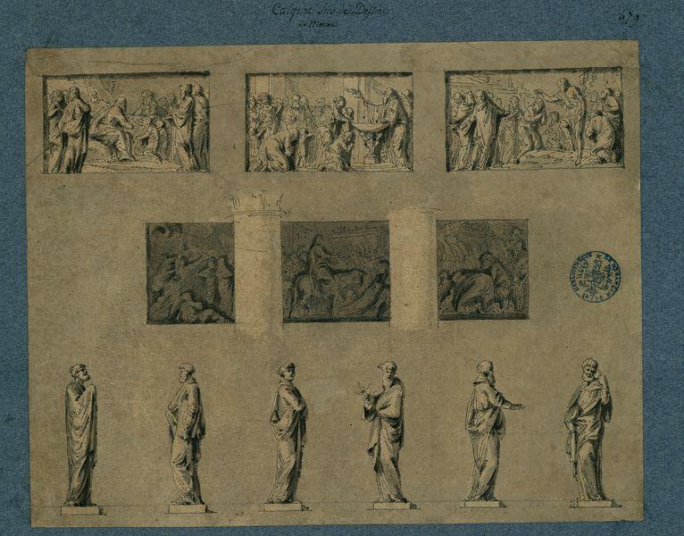 Cinq scènes évangéliques : le Christ et les enfants, scène au temple (?), baptême du Christ par Jean, personnage acclamant le Christ (?) et deux scènes représentant l'entrée triomphale du Christ à Jérusalem ; six statues représentant un personnage (évangéliste ?) dans six attitudes différentes