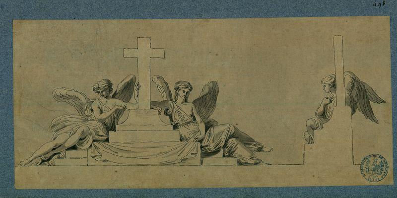 Deux anges encadrant une croix érigée sur des marches de pierre, un troisième ange est assis, de profil, à droite du groupe