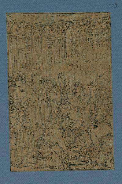 Scène dans un temple (?) : un personnage les bras levés est assis au centre d'une assemblée, au premier plan, des personnages agenouillés ramassent des épis (?)