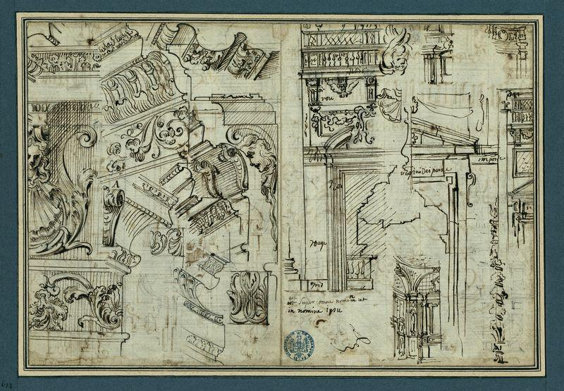 Divers motifs décoratifs, avec inscriptions : Virgini Dei parae, est super omne nome ut in nomine Jesu