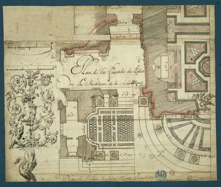 Plan de la façade de l'église de la Madone de la Paix, à Rome. Plan de l'église de Sainte-Marie Inviolata