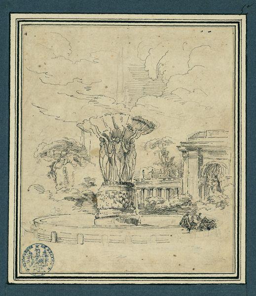 Vue d'une fontaine constituée par des nymphes soutenant une coquille monumentale