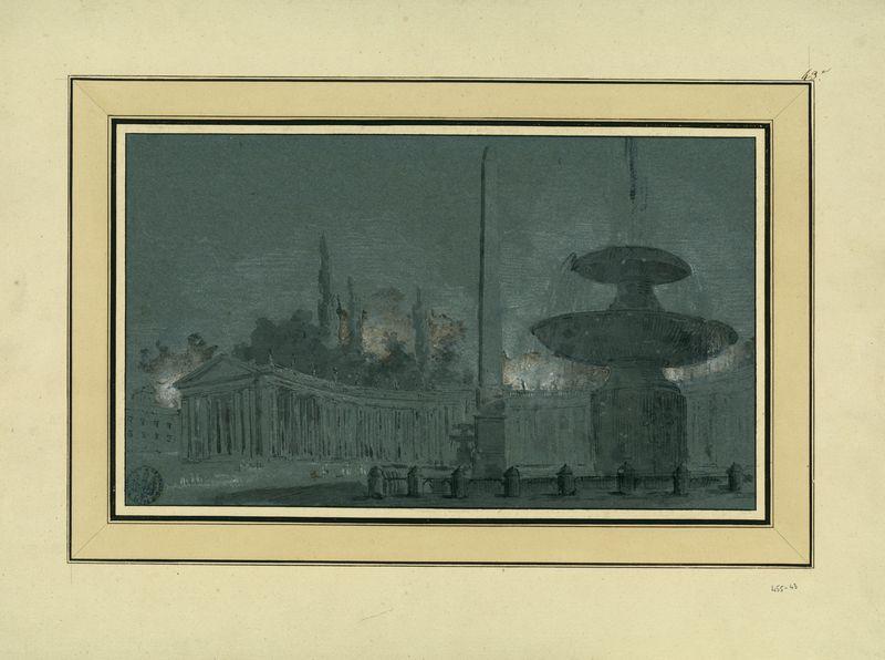 La place Saint-Pierre, à Rome : vue de l'une des branches de l'hémicycle avec les deux fontaines et l'obélisque au centre